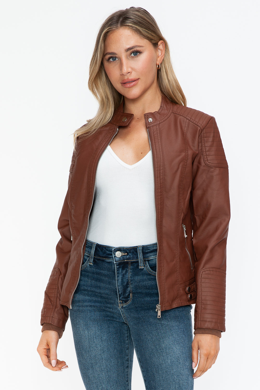 Brown Faux Leather Biker Jacket with Side Zip Pockets