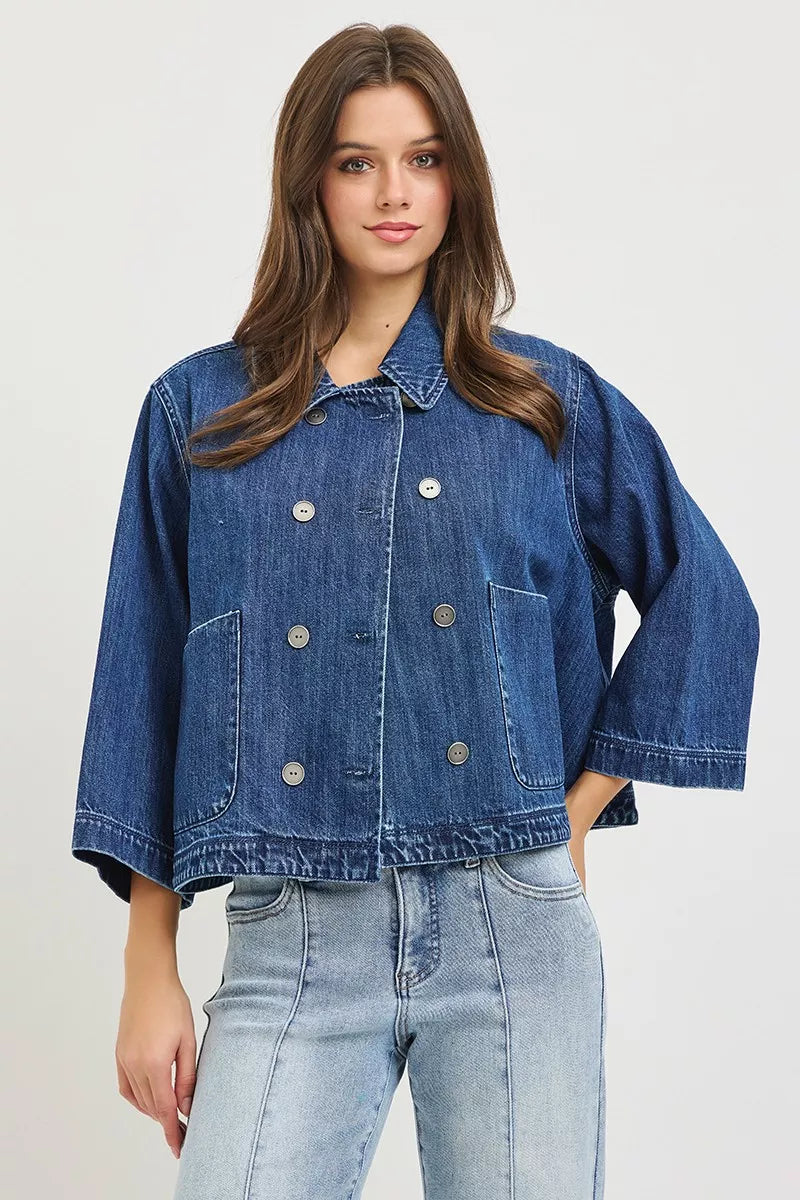 Dark blue cropped denim jacket, double-breasted, button front, chest flap pockets