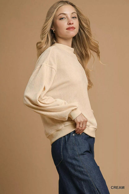 Umgee Velour Crewneck Balloon Sleeve Sweatshirt - Tigbul's Variety Fashion Shop