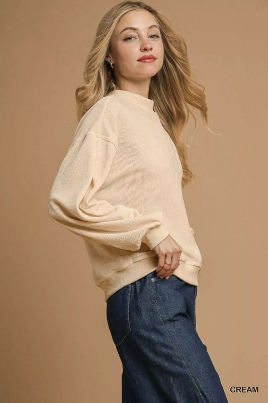 Umgee Velour Crewneck Balloon Sleeve Sweatshirt - Tigbul's Variety Fashion Shop
