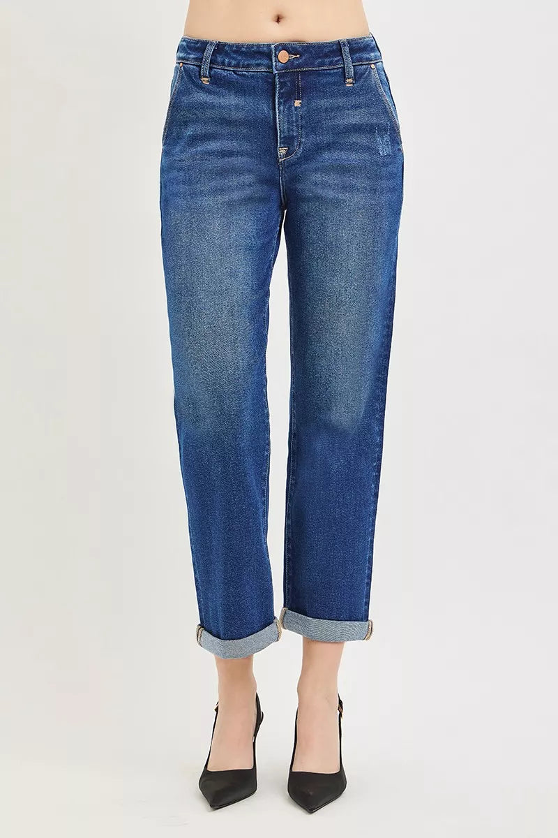 Dark-wash slouchy cropped boyfriend jeans with cuffed hem, front pockets