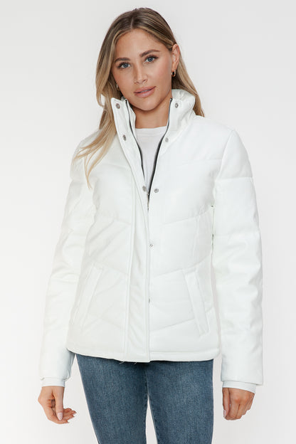 White Pocketed Zip Up Turtleneck Puffer Jacket