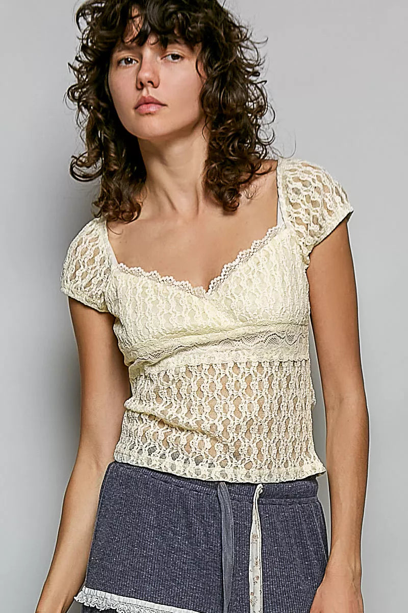 POL Sweetheart Neck Lace Short Sleeve Top - Tigbul's Variety Fashion Shop