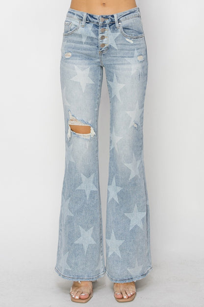 RISEN Mid Rise Button Fly Start Print Flare Jeans - Tigbuls Variety Fashion