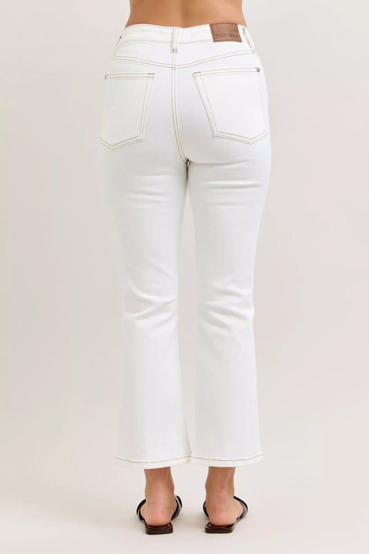 Judy Blue Contrast Stitching Cropped Flare White Jeans | Tigbuls