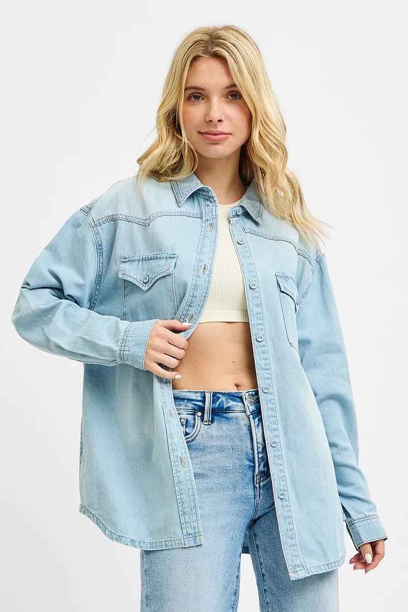 Light blue denim western yoke shirt, button front and chest flap pockets