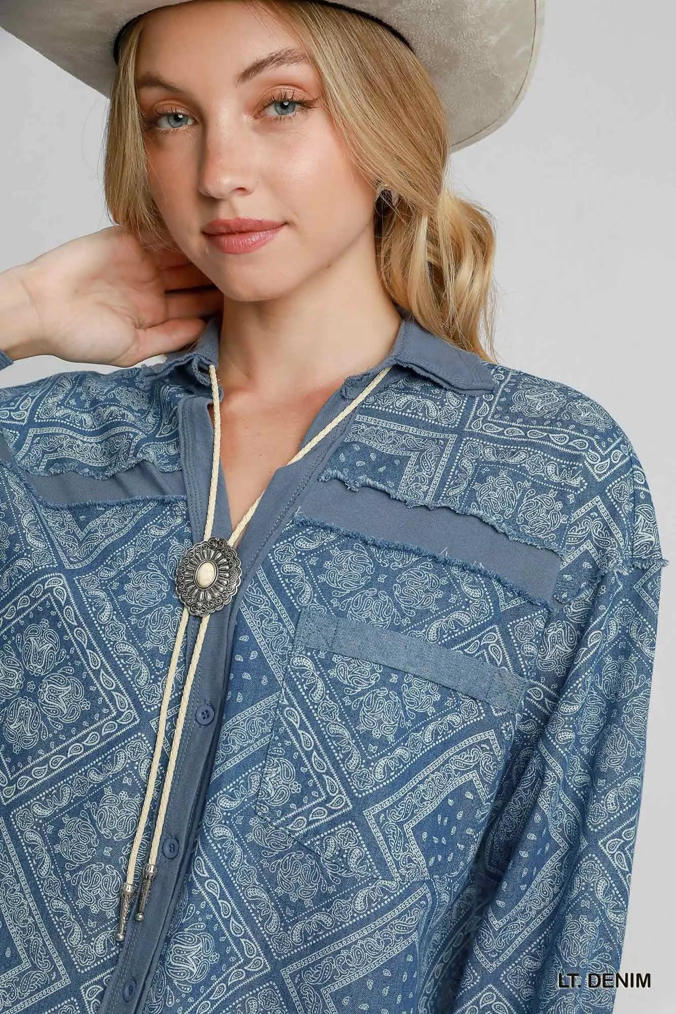Umgee Paisley Print Denim Shirt Jacket - Tigbul's Variety Fashion Shop