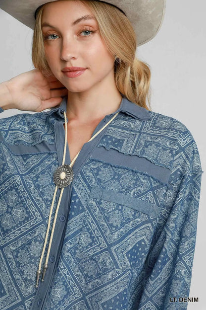 Umgee Paisley Print Denim Shirt Jacket - Tigbul's Variety Fashion Shop