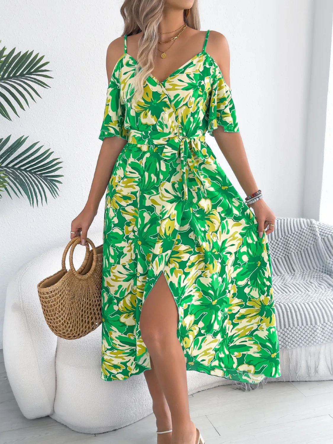 Printed Cold Shoulder Midi Cami Dress - Tigbul's Variety Fashion Shop
