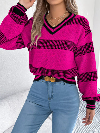 Contrast Striped V-Neck Sweater - Tigbul's Variety Fashion Shop