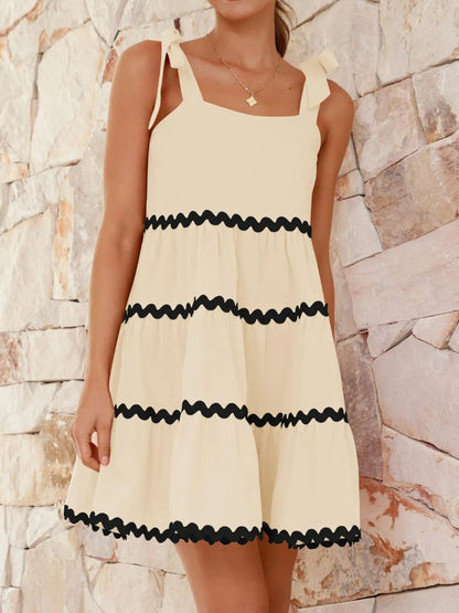 Contrast Trim Tie Shoulder Tan Dress - Tigbul's Variety Fashion Shop