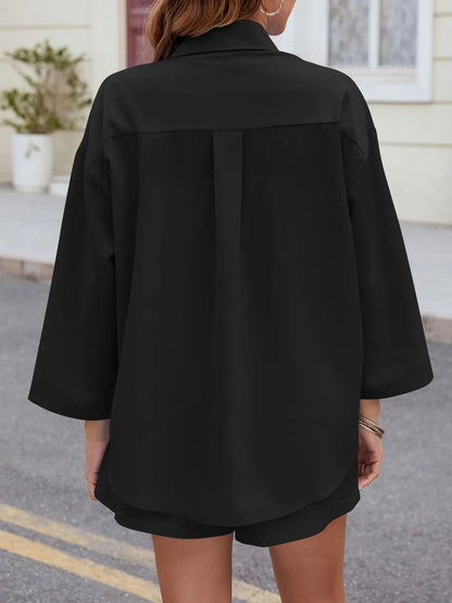 Button Up Long Sleeve Top and Shorts Set - Tigbul's Variety Fashion Shop
