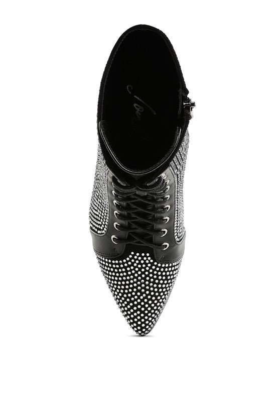 Black rhinestone ankle boots front view with pointed toe and lace-up closure