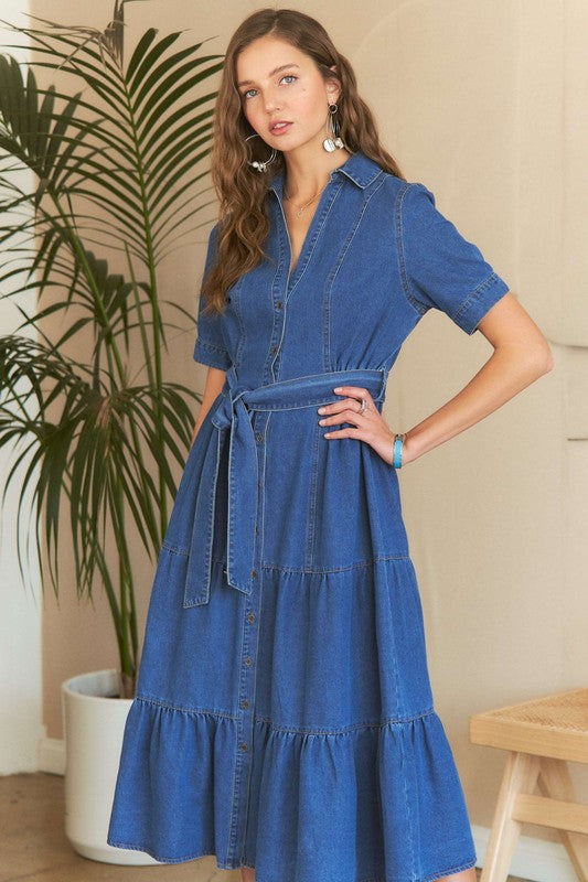 Dark Blue Tiered Button Down Tie Waist Short Sleeve Denim Dress - Tigbul's Variety Fashion Shop