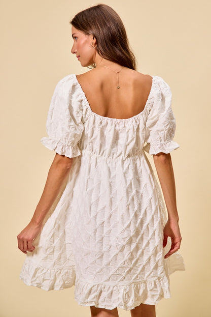 Off White Texture Woven Ruching On Bust Mini Dress - Tigbul's Variety Fashion Shop