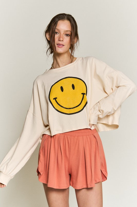 SMILEY FACE LONG SLEEVE CROP TOP - Tigbul's Variety Fashion Shop