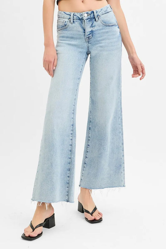 RISEN Full Size Tummy Control Low Rise Wide Leg Raw Cut Hem Jeans Plus Size - Tigbul's Variety Fashion Shop