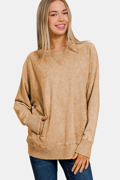 Zenana Pocketed Round Neck Sweatshirt - Tigbul's Variety Fashion Shop