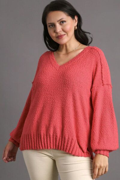 Red Dropped Shoulder Side Slit Sweater - Tigbul's Variety Fashion Shop
