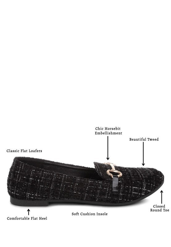 Schwarze Tweed-Loafers, flache Sohle mit rundem Zeh und Horsebit-Detail