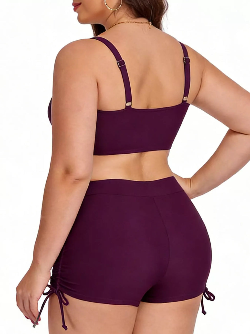 Ruched drawstring swim set, deep purple back view