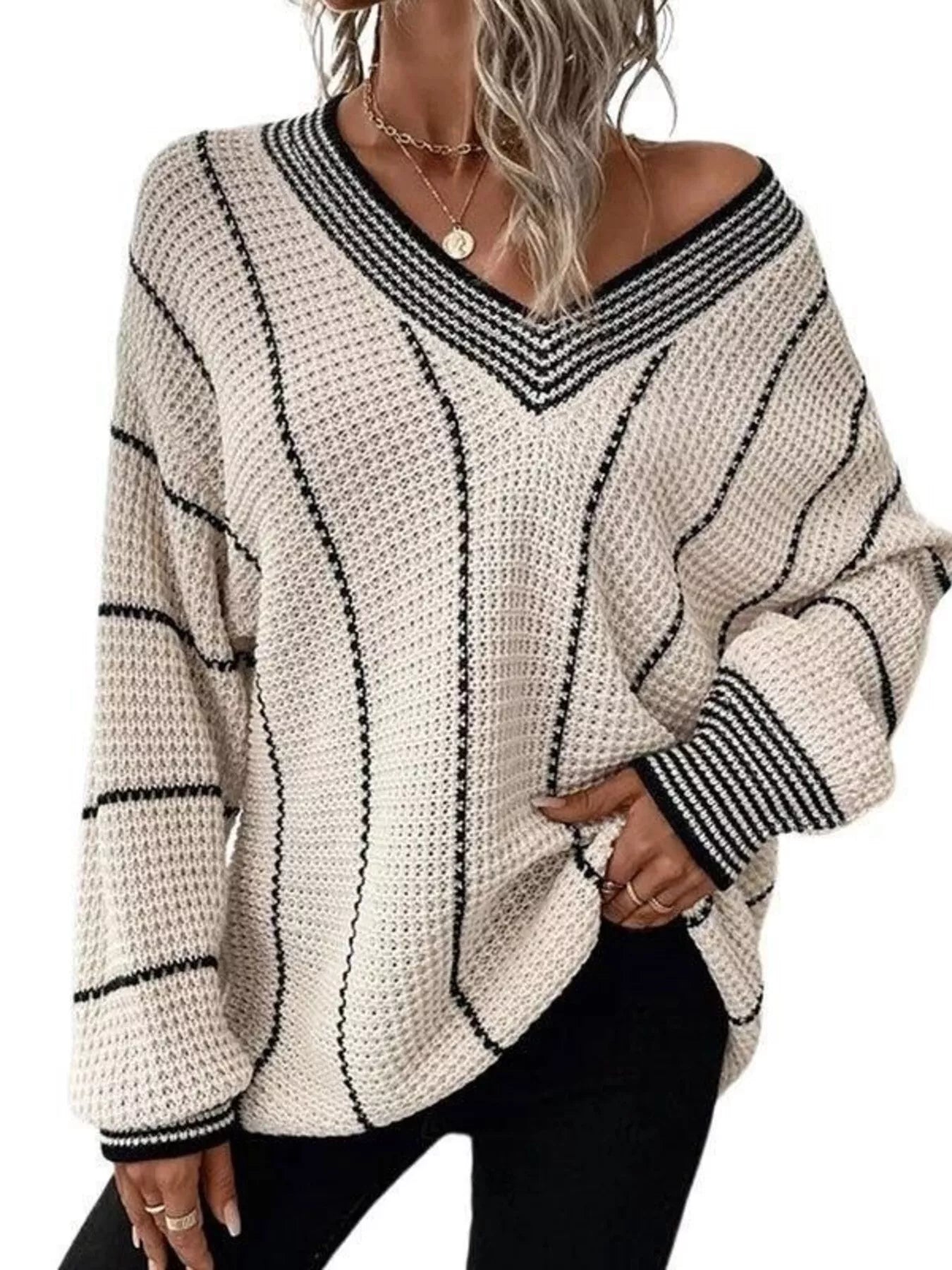 Full Size V-Neck Textured Knit Sweater Plus Size - Tigbul's Variety Fashion Shop