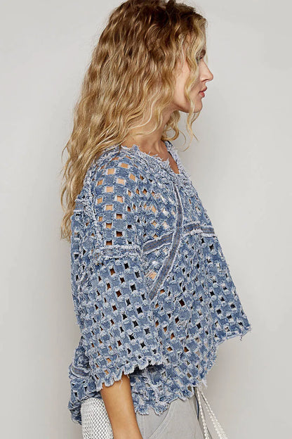 POL V-Neck Short Sleeve Top with Laser Cut Detail - Tigbul's Variety Fashion Shop