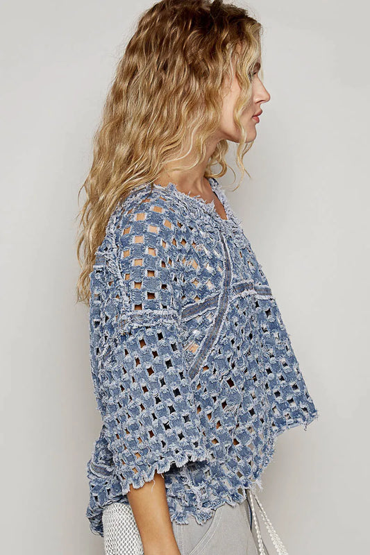 POL V-Neck Short Sleeve Top with Laser Cut Detail - Tigbul's Variety Fashion Shop