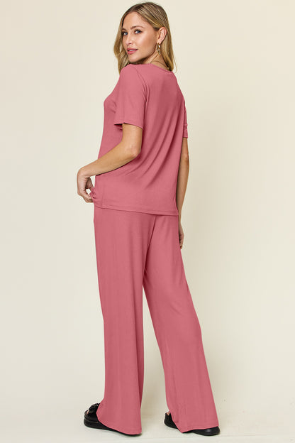 Double Take Full Size Round Neck Short Sleeve T-Shirt and Wide Leg Pants Set - Tigbul's Variety Fashion Shop