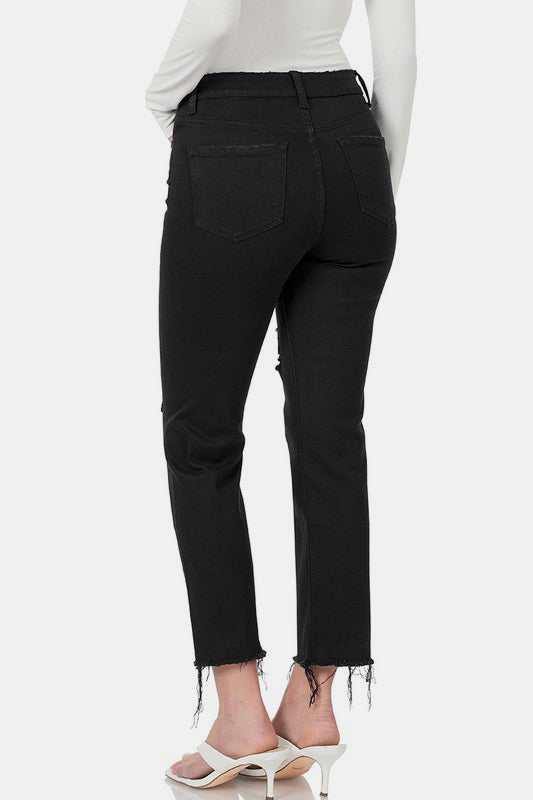 Black Distressed Raw Hem Cropped Jeans - Tigbul's Variety Fashion Shop