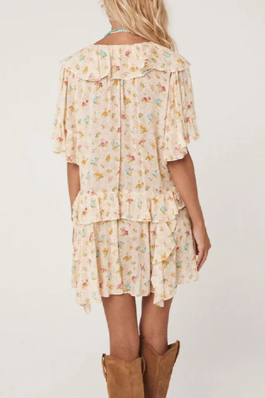 Boho Floral Tassel Tie V Neck Ruffle Wide Sleeve Mini Dress - Tigbul's Variety Fashion Shop