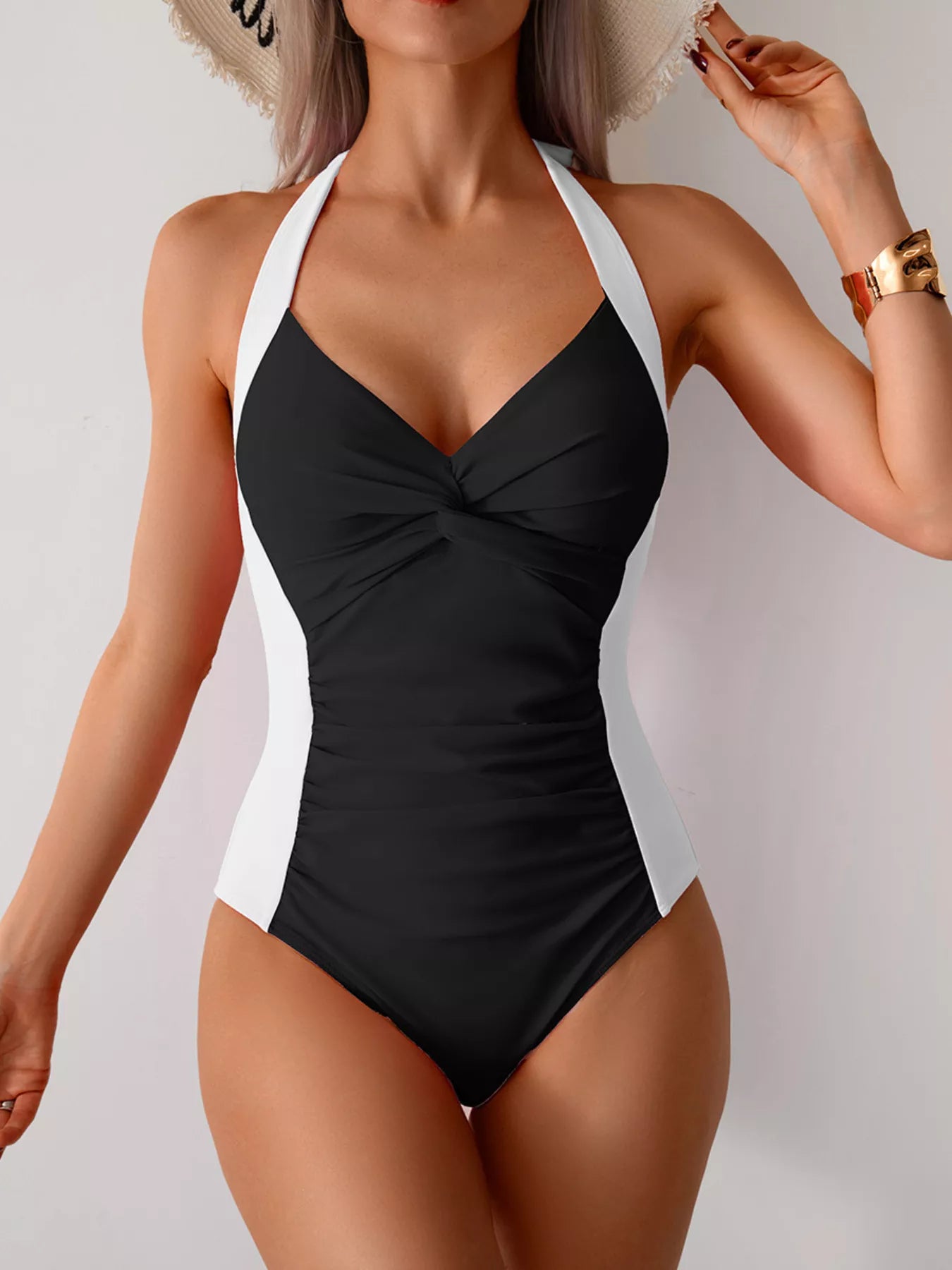 Twisted Front Halter Neck Ruched One-Piece Swimsuit - Tigbul's Variety Fashion Shop