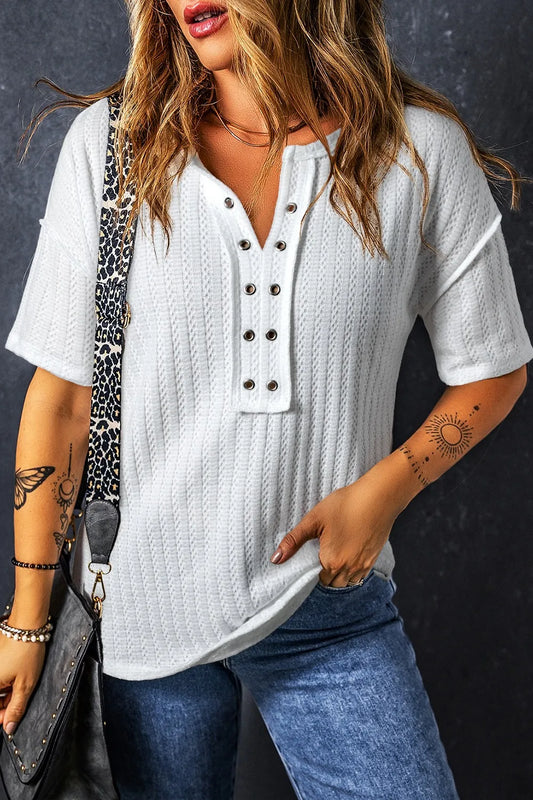 Textured Hollow Grommet Placket Split Neck Short Sleeve Top - Tigbul's Variety Fashion Shop