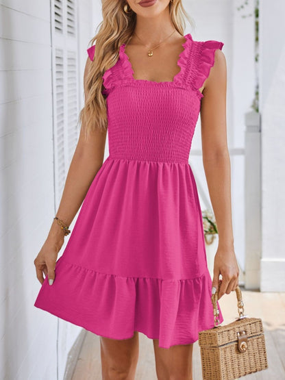 Smocked Square Neck Wide Strap Dress - Tigbul's Variety Fashion Shop