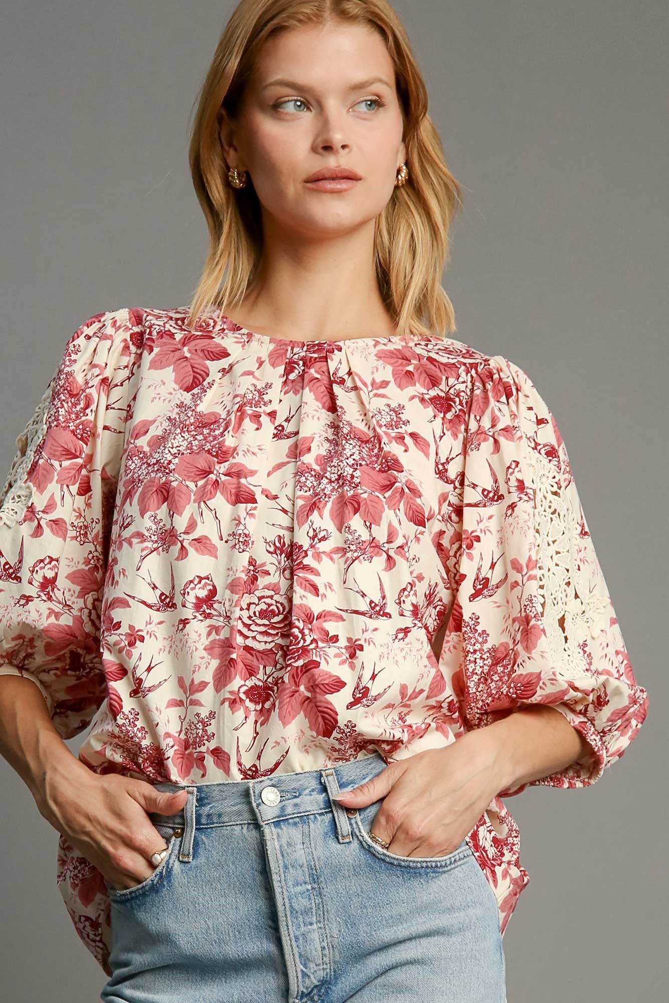 Umgee Floral Pleated Detail Lace Trim Sleeve Blouse - Tigbul's Variety Fashion Shop