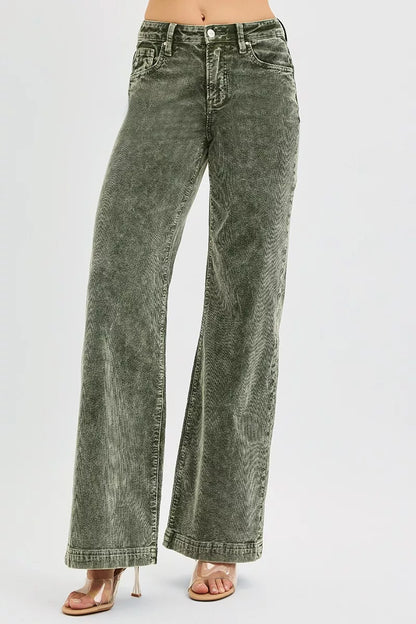 Green High Rise Wide Leg Corduroy Jeans Size 0 up to 3XL - Tigbul's Variety Fashion Shop
