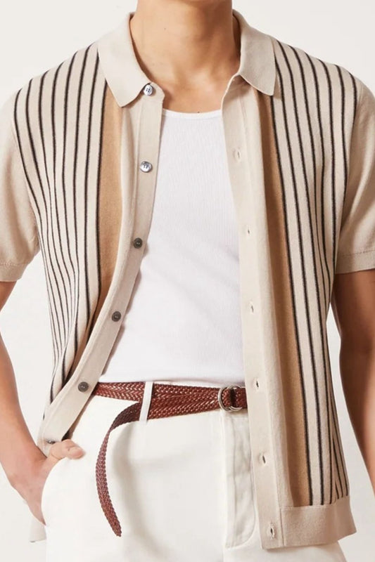 Men's Size L to 3XL Beige Striped Buttoned Short Sleeve Shirt - Tigbul's Variety Fashion Shop