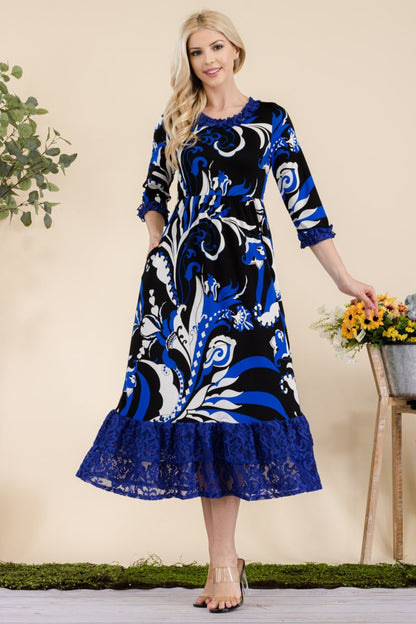 Celeste Full Size Paisley Print Lace Ruffled Midi Dress - Tigbul's Variety Fashion Shop