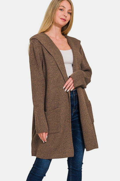 Brown Hooded Open Front Sweater Cardigan | Tigbuls