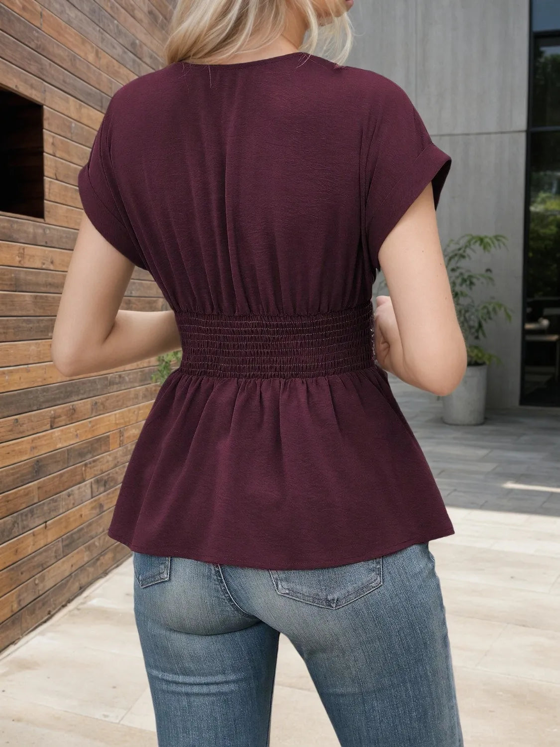 Surplice Short Sleeve Blouse - Tigbul's Variety Fashion Shop