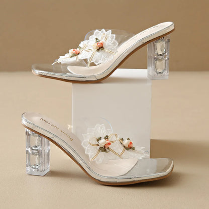 Flower Clear Block Heel Sandals - Tigbul's Variety Fashion Shop