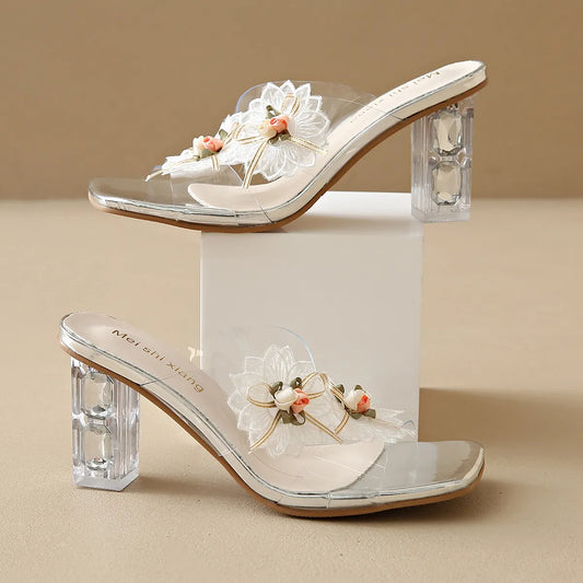 Flower Clear Block Heel Sandals - Tigbul's Variety Fashion Shop