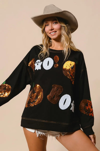 BiBi Halloween Theme Sequin Embroideries Sweatshirt - Tigbul's Variety Fashion Shop