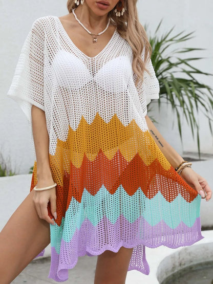 Openwork V-Neck Half Sleeve Cover-Up - Tigbul's Variety Fashion Shop