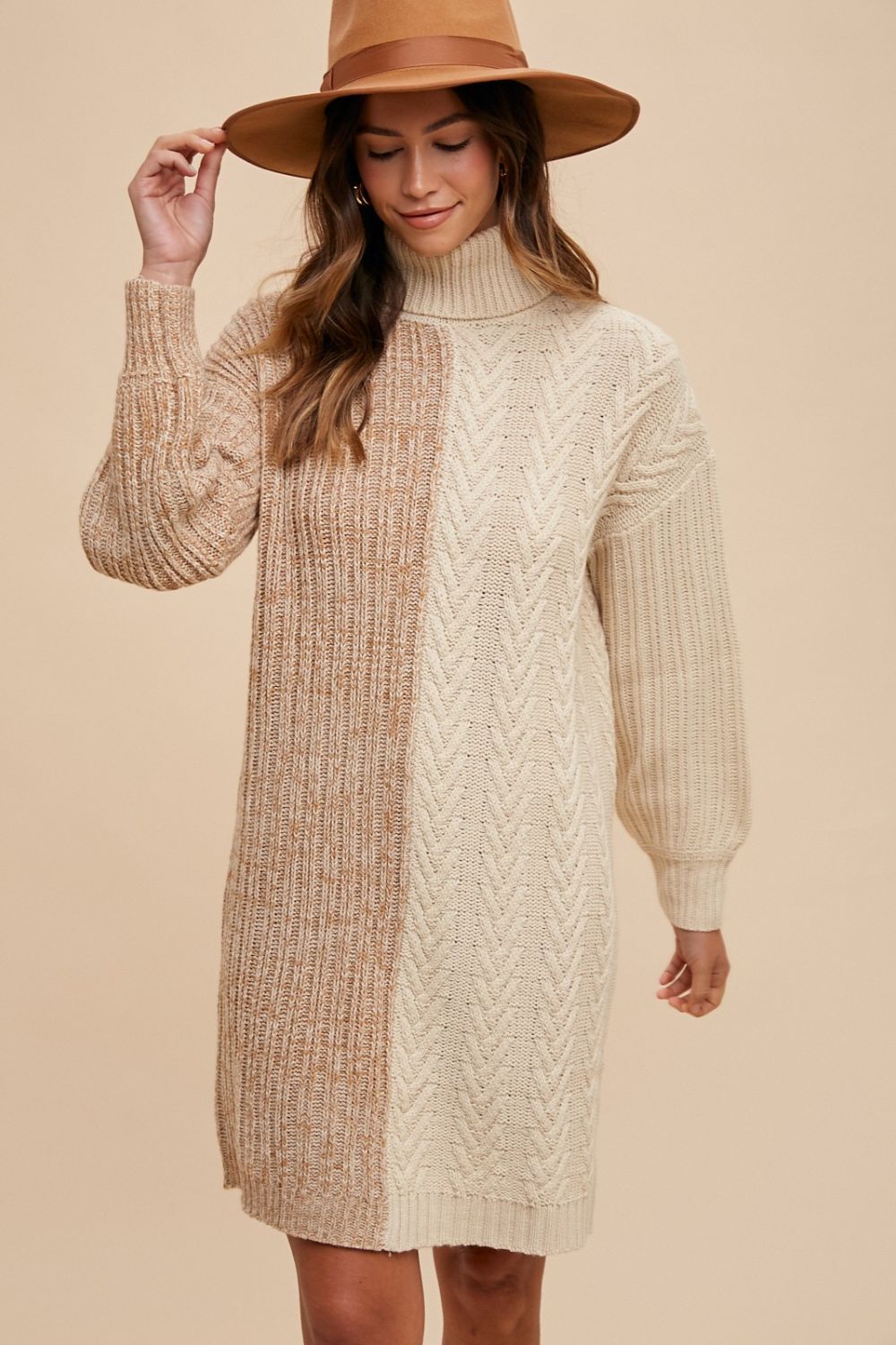 Taupe Color Block Turtleneck Sweater Dress - Tigbul's Variety Fashion Shop