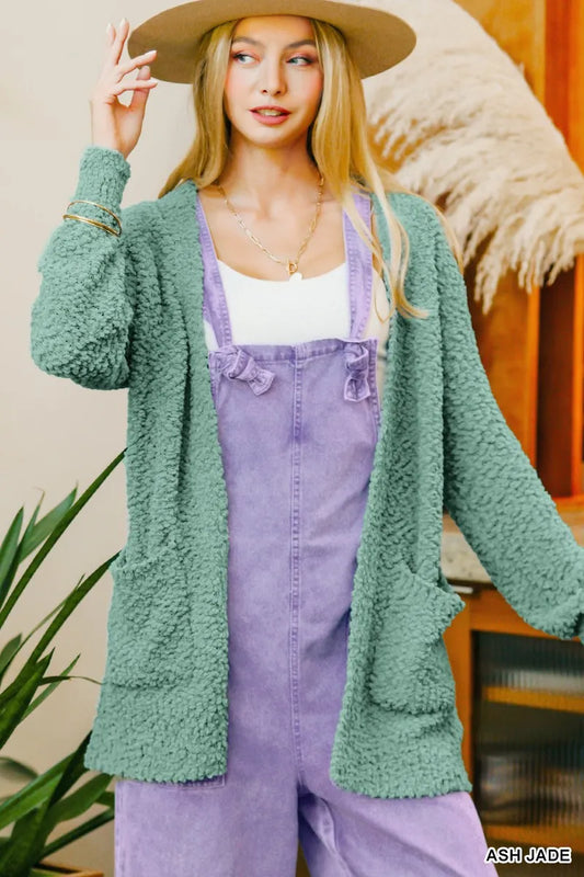 Zenana Long Sleeve Popcorn Sweater Cardigan with Pockets - Tigbul's Variety Fashion Shop
