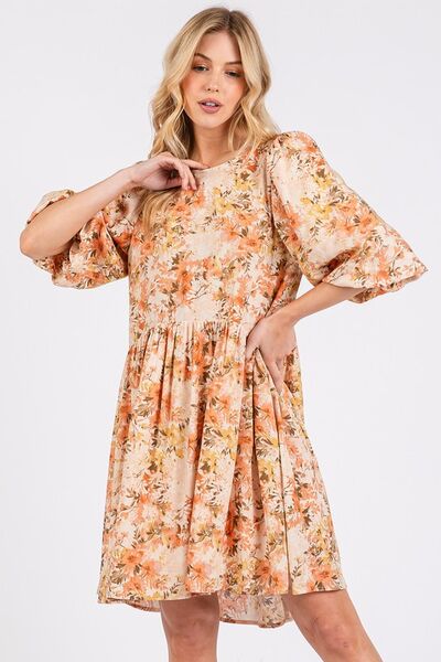 Orange Flower Print Linen Blend Babydoll Mini Dress - Tigbul's Variety Fashion Shop