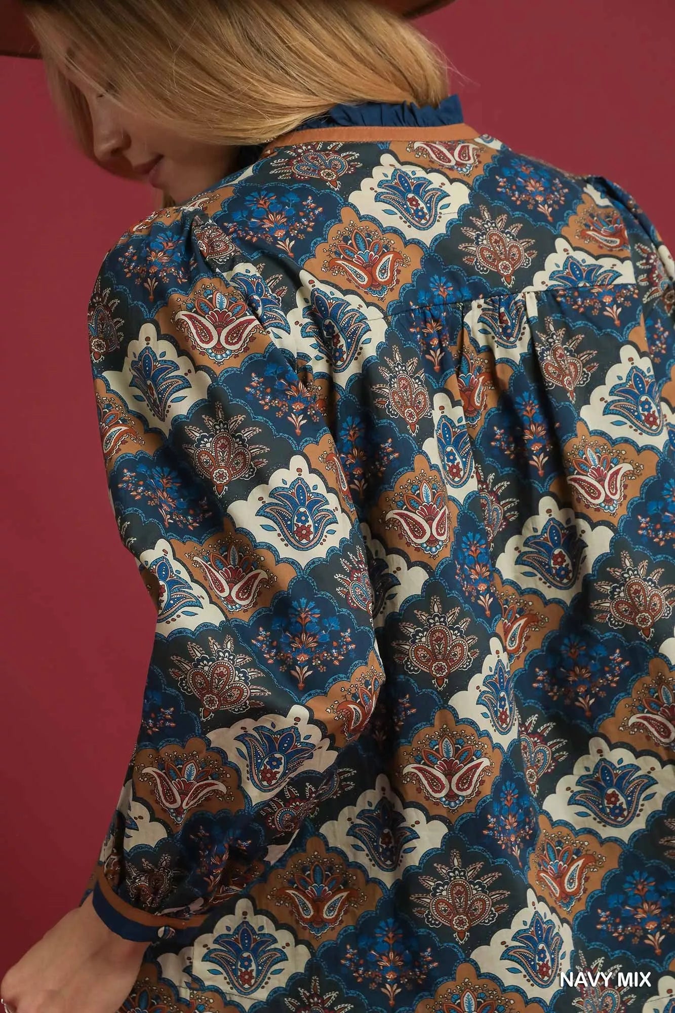 Umgee Abstract Print Ruffle Neck Top - Tigbul's Variety Fashion Shop