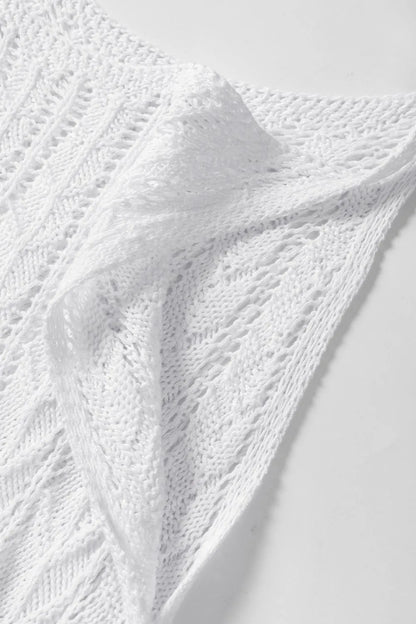 Tie Straps Wave Textured Eyelet White Knitted Vest - Tigbul's Variety Fashion Shop