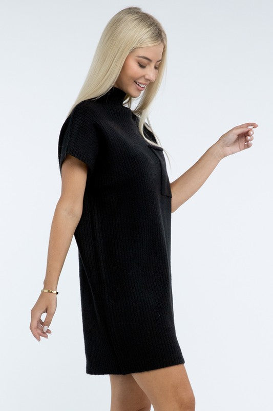 Mock Neck Short Sleeve Sweater Dress with Pocket - Tigbul's Variety Fashion Shop